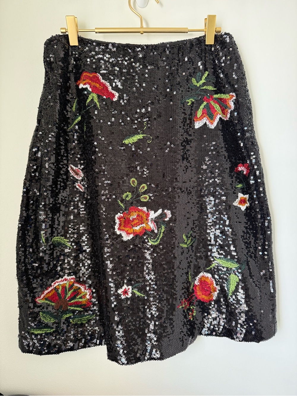 Anthropologie Maeve Garden Glitz Sequins Skirt Black Embroidered Floral Motif 6